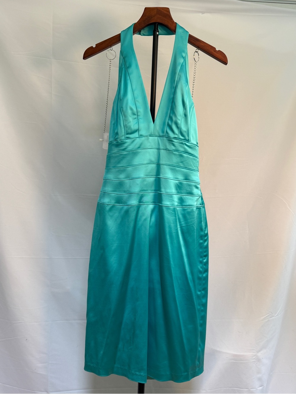 Papell Boutique Teal Halter V-Neck Satin Midi Dress